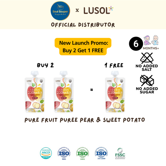 Lusol Pure Fruit Puree PEAR & SWEET POTATO with rice powder - 6months+ (80g)